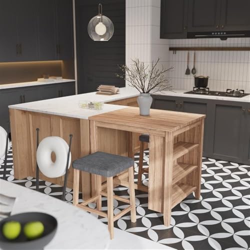 Lilola Home Dawson 36-inch Oak Finish 3-Piece Counter Height Table Set, Built-in Storage Shelves and 2 Linen-Upholstered Stools — Space-Saving Dining Set for Kitchen, Apartments, and Breakfast Nooks