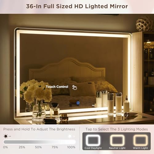 Fluted Makeup Vanity Desk with 36" HD Lighted Mirror, view 5