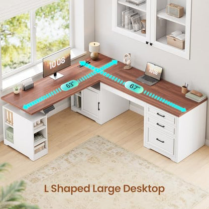 Farmhouse L Shaped Standing Desk with Storage for Home Office, White, view 6