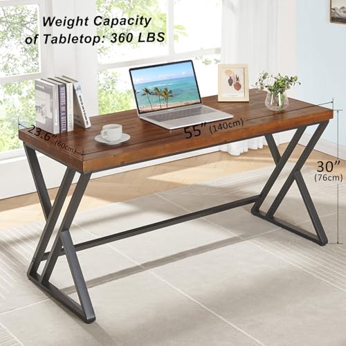 Solid Wood Computer Desk, Modern Real Wood Home Office Desk, Long Rustic Farmhouse Natural Wood Writing Desk, Executive Workstation PC Desk Table for Living Room Bedroom, Brown, 55 inch