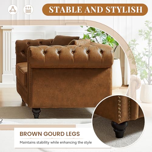 Modern Chesterfield Sofa Couch, 85.5-inch Faux Leather 3-Seater Sofa with Rolled Arms and Tufted Button for Living Room, Office, Brown