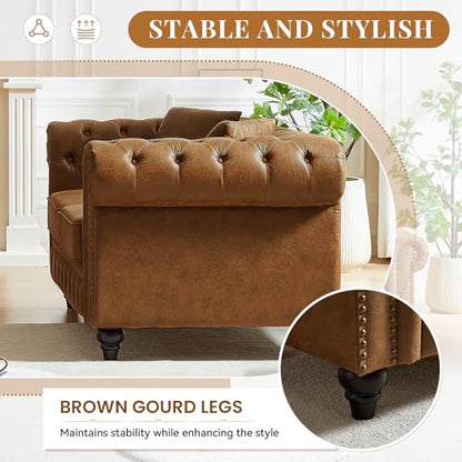 Modern Chesterfield Sofa Couch, 85.5-inch Faux Leather 3-Seater Sofa with Rolled Arms and Tufted Button for Living Room, Office, Brown