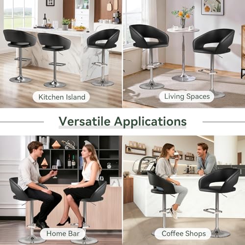 Adjustable Bar Stool with Hollow Back and Arms, Modern PU Leather Swivel Barstool, Airlift Counter Height Bar Chair for Kitchen Dining Room (Black)