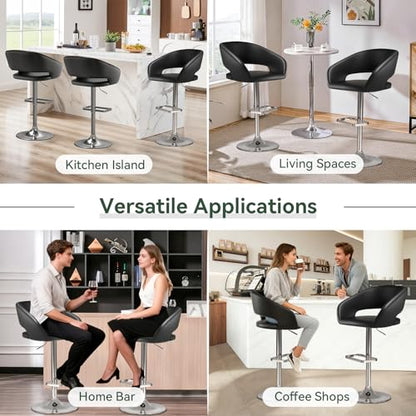 Adjustable Bar Stool with Hollow Back and Arms, Modern PU Leather Swivel Barstool, Airlift Counter Height Bar Chair for Kitchen Dining Room (Black)