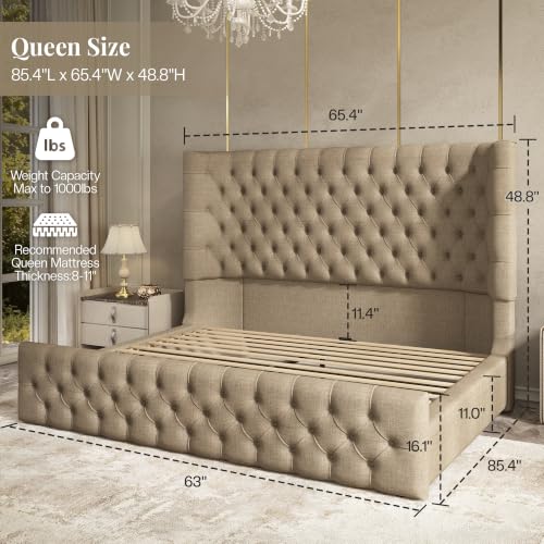 Queen Bed Frame Upholstered Wingback Headboard & Footboard,Khaki, view 3