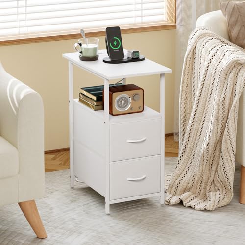 End Table with Charging Station, Narrow Side Table with 2 Fabric Drawers, Skinny Nightstand with Storage, Small Slim Bedside Table for Living Room, Sofa, Bedroom, Couch, White Leather