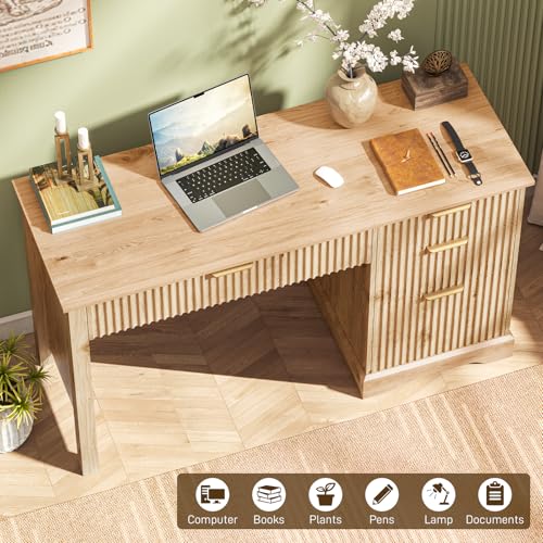 Fluted Executive Desk with Drawers, Wood Computer Desk with Ample File Drawer, Home Office Desk with Storage for Study, Bedroom, Living Room, Oak