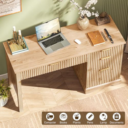 Fluted Executive Desk with Drawers, Wood Computer Desk with Ample File Drawer, Home Office Desk with Storage for Study, Bedroom, Living Room, Oak
