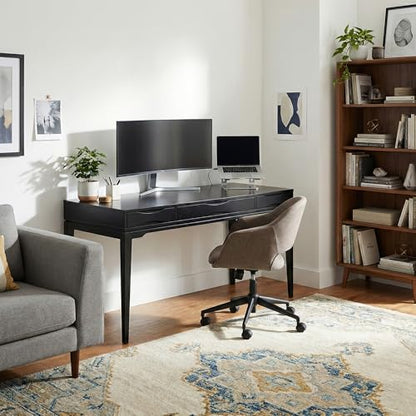 Harper Desk - 60 Inch Wide Solid Wood Writing Desk in Black, Mid-Century Modern Home Office Computer Table for Workspace or Study with 2 Drawers and Flip-Down Keyboard Tray