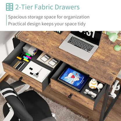 Small Computer Desk with 2 Drawers for Bedroom, 31 Inch Home Office Desk with Storage Fabric Drawer and Bag, Study Writing Table for Small Spaces, Rustic Brown