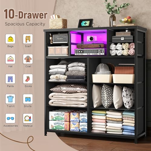10-Drawer Tall Dresser for Bedroom, LED & Charging Station, Black, view 5