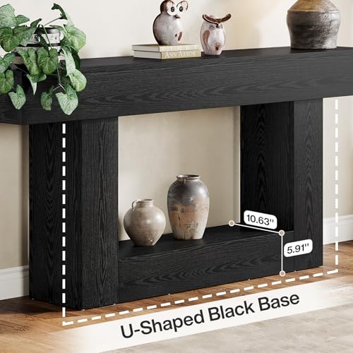 Tribesigns 63" Console Table, Farmhouse 2-Tier Entryway Table with U-Shaped Base, Narrow Long Wood Sofa Table Behind Couch Table for Living Room, Hallway, Foyer, Black