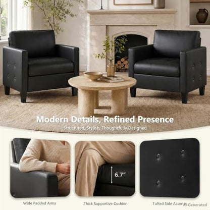 Black Accent Chairs Set of 2, Faux Leather Chair, Mid-Century Modern Living Room Chairs, Cozy Office Reading Chair with Tufted Armrest and Seat, Armchairs for Waiting Room, Bedroom (2)