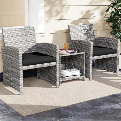3 Pieces Patio Furniture Set, PE Rattan Outdoor Chairs with Tempered Glass Coffee Table & Soft Seat Cushions, Patio Bistro Set, Outdoor Conversation Set for Porch, Backyard Poolside (Black)
