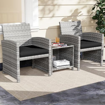 3 Pieces Patio Furniture Set, PE Rattan Outdoor Chairs with Tempered Glass Coffee Table & Soft Seat Cushions, Patio Bistro Set, Outdoor Conversation Set for Porch, Backyard Poolside (Black)