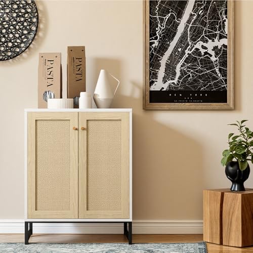 Rattan Decorated 2 Doors Storage Cabinet Accent Cabinet Living Room Cupboard Kitchen Sideboard Buffet Table (White)