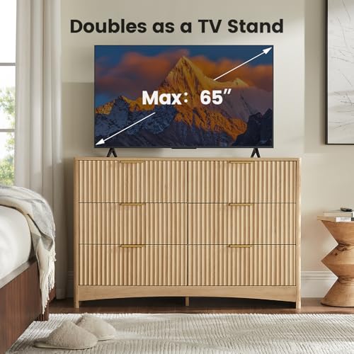 Amada Fluted 6 Drawer Dresser, Modern Wood Chest of Drawers, Natural Oak, view 7
