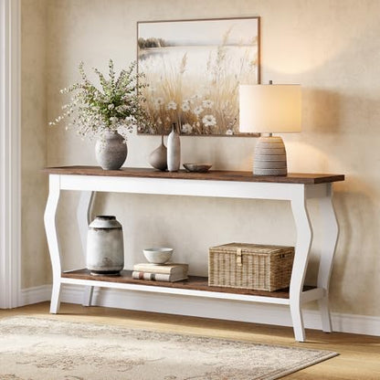 70.9 Inches Long Console Table, 2-Tier Vintage Wooden Sofa Table Behind The Couch with Metal Legs for Hallway, Entryway, Living Room, Brown & White