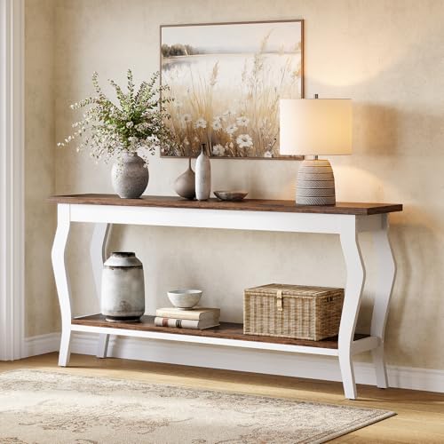 70.9 Inches Long Console Table, 2-Tier Vintage Wooden Sofa Table Behind The Couch with Metal Legs for Hallway, Entryway, Living Room, Brown & White