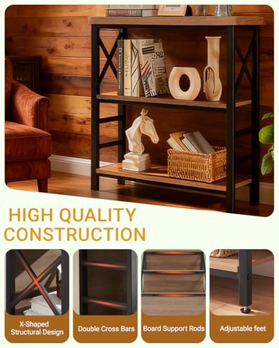 Book Shelf, Small 3-Tier Industrial Bookshelf with Strong Metal Frame & Backboard, 29.5" Short Bookcase for Small Spaces, Living Room, Bedroom and Home Office, Brown