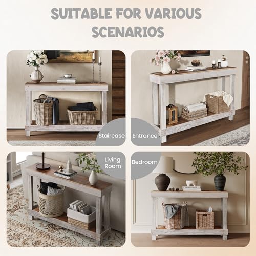 46-Inch Long Console Table, Farmhouse Console Sofa Table, Solid Wood Entryway Table for Hallway, Living Room, Entrance, 2 Tiers, Easy Assembly, Classic White