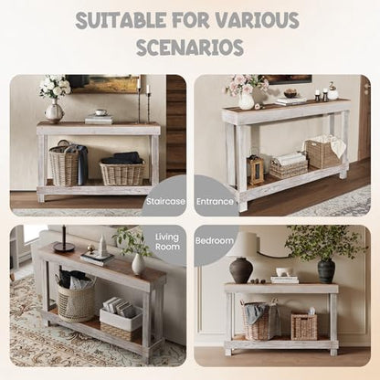 46-Inch Long Console Table, Farmhouse Console Sofa Table, Solid Wood Entryway Table for Hallway, Living Room, Entrance, 2 Tiers, Easy Assembly, Classic White