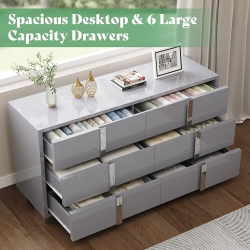 4 Piece Bedroom Dresser Set, Modern High Gloss UV Finish, 2 Nightstands, Chest of 5 Drawers & 6-Drawer Dresser, Electroplated Metal Handles, Bedroom Furniture Set, Grey