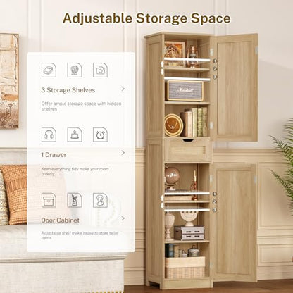 67" H Tall Storage Cabinet with 2 Rattan Doors and 1 Drawer, Narrow Rattan Cabinet with Adjustable Shelves, for Living Room, Entryway, Kitchen, Natural