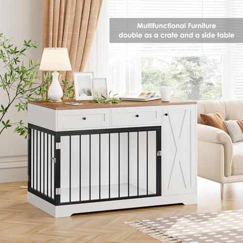 Wooden Dog Crate Furniture, Indoor Pet House with Double Doors & 2 Drawers, view 5