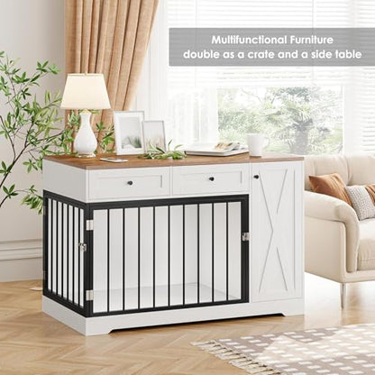 Wooden Dog Crate Furniture, Indoor Pet House with Double Doors & 2 Drawers, view 5