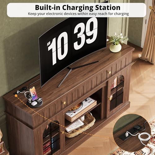TV Stand for 65 Inch TV with Charging Station, Walnut Brown, view 5
