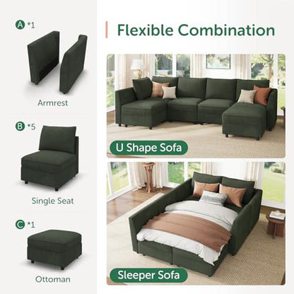 Modular Sectional Sleeper Sofa Green Couch L Shaped Sectional Sofa with Storage, Convertible Couches for Living Room - Green