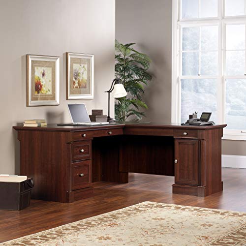 Palladia L Shaped Desk with Drawers, Office Desk with File Cabinet Storage, Cable Management, Keyboard Tray, in Select Cherry finish