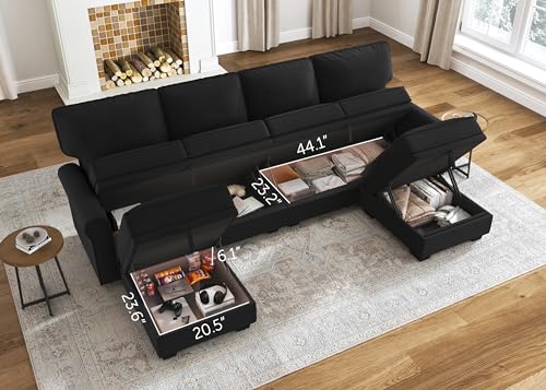 Sectional Sofa with Storage Seat Velvet U Shaped Sectional Couch with Reversible Chaise Convertible Sectional Couches for Living Room,Black