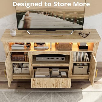 TV Stand for 65 inch TVs, Entertainment Center with Power Outlet and Led Lights, TV Console with Storage Cabinets and Drawer, TV Stands for Living Room