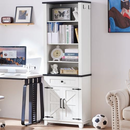 72in Tall Bookshelf 7 Tier Bookcase with Drawer and Barn Doors and Adjustable, view 2