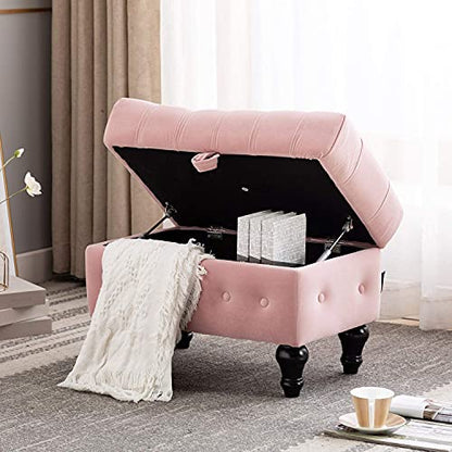 Storage Coffee Table Ottoman, Button Tufted Velvet Upholstery Footstool Bed Ottoman for Living Room, Home Office, Space-Saving Storage Toy Box Stool, Pink