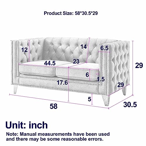 Comfy Upholstered Couches for Living Room, 58-inch Modern Button Tufted Loveseat Sofa w/Square Arm, 4 Golden Metal Legs and Gold Nail Heads for Living Room, Office, Apartment, Beige