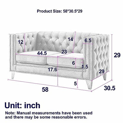 Comfy Upholstered Couches for Living Room, 58-inch Modern Button Tufted Loveseat Sofa w/Square Arm, 4 Golden Metal Legs and Gold Nail Heads for Living Room, Office, Apartment, Beige