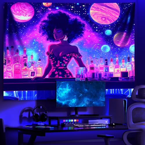 Blacklight Tapestry, Glow In The Dark Tapestries, UV Reactive Cool Girl Wall Art, Mushroom Wonderland Tapestry, Rabbits Wall Hanging for Bedroom, Dorm and Living Room Wall Decoration 79L x 59W