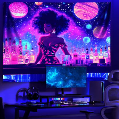 Blacklight Tapestry, Glow In The Dark Tapestries, UV Reactive Cool Girl Wall Art, Mushroom Wonderland Tapestry, Rabbits Wall Hanging for Bedroom, Dorm and Living Room Wall Decoration 79L x 59W