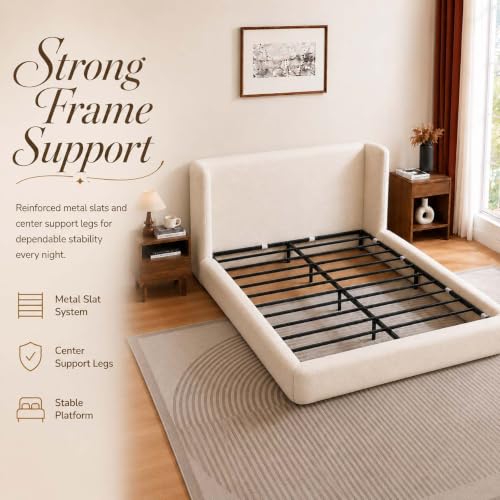 Queen Size Upholstered Bed Frame with Headboard, Cloud Boucle Bed Frame, view 7