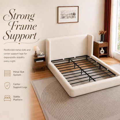 Queen Size Upholstered Bed Frame with Headboard, Cloud Boucle Bed Frame, view 7