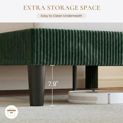 Queen Platform Bed, Adjustable Tufted Corduroy Headboard, Green, view 7