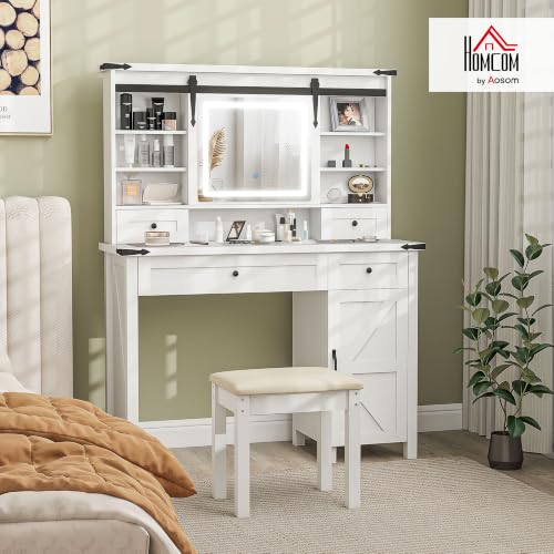 Farmhouse Vanity Desk with Mirror, LED Lights, Stool, White, view 3