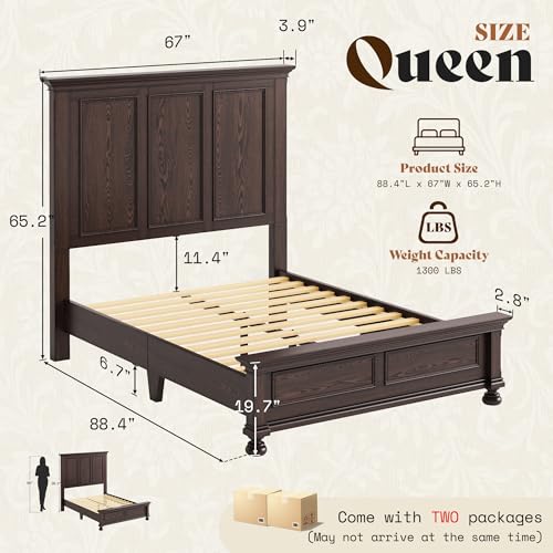 Solid Wood Queen Bed Frame with 65.2" High Headboard, view 3