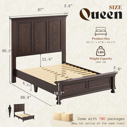 Solid Wood Queen Bed Frame with 65.2" High Headboard, view 3