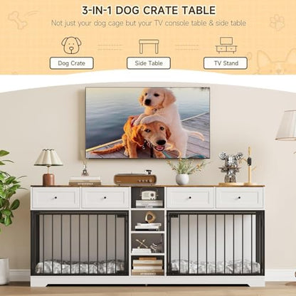 82" Double Dog Crate Furniture with Drawers and Shelves, White, view 4