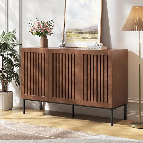 Modern Storage Cabinet with Slatted Doors,Sideboard Buffet Cabinet with Adjustable Shelf and Metal Legs for Kitchen,Dining Room,Living Room,47 Inch, Brown