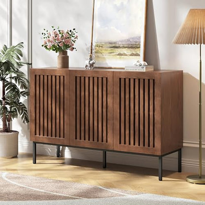Modern Storage Cabinet with Slatted Doors,Sideboard Buffet Cabinet with Adjustable Shelf and Metal Legs for Kitchen,Dining Room,Living Room,47 Inch, Brown